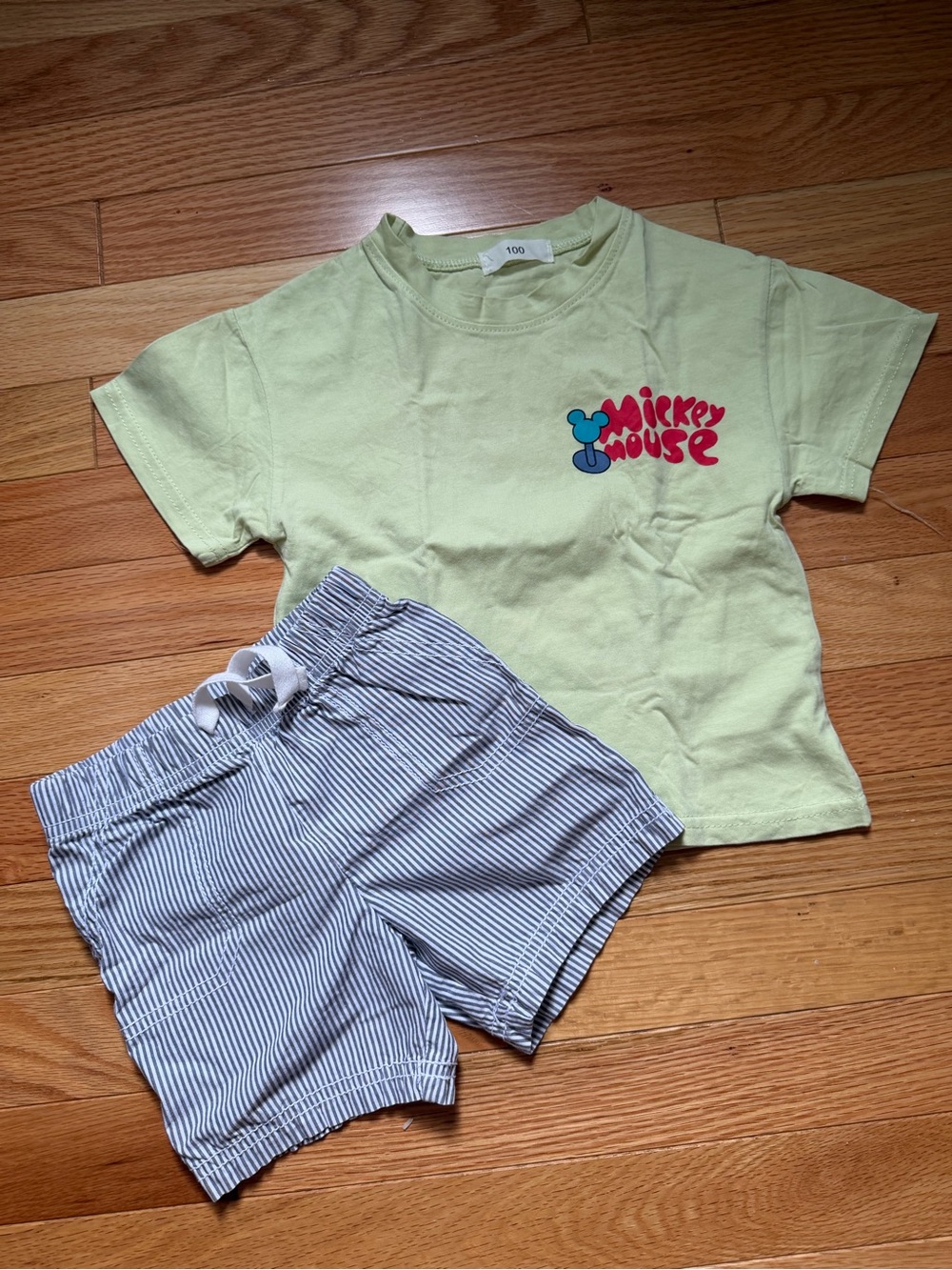Simple Light Green Mickey Mouse Tee & Blue Stripe Shorts Set
